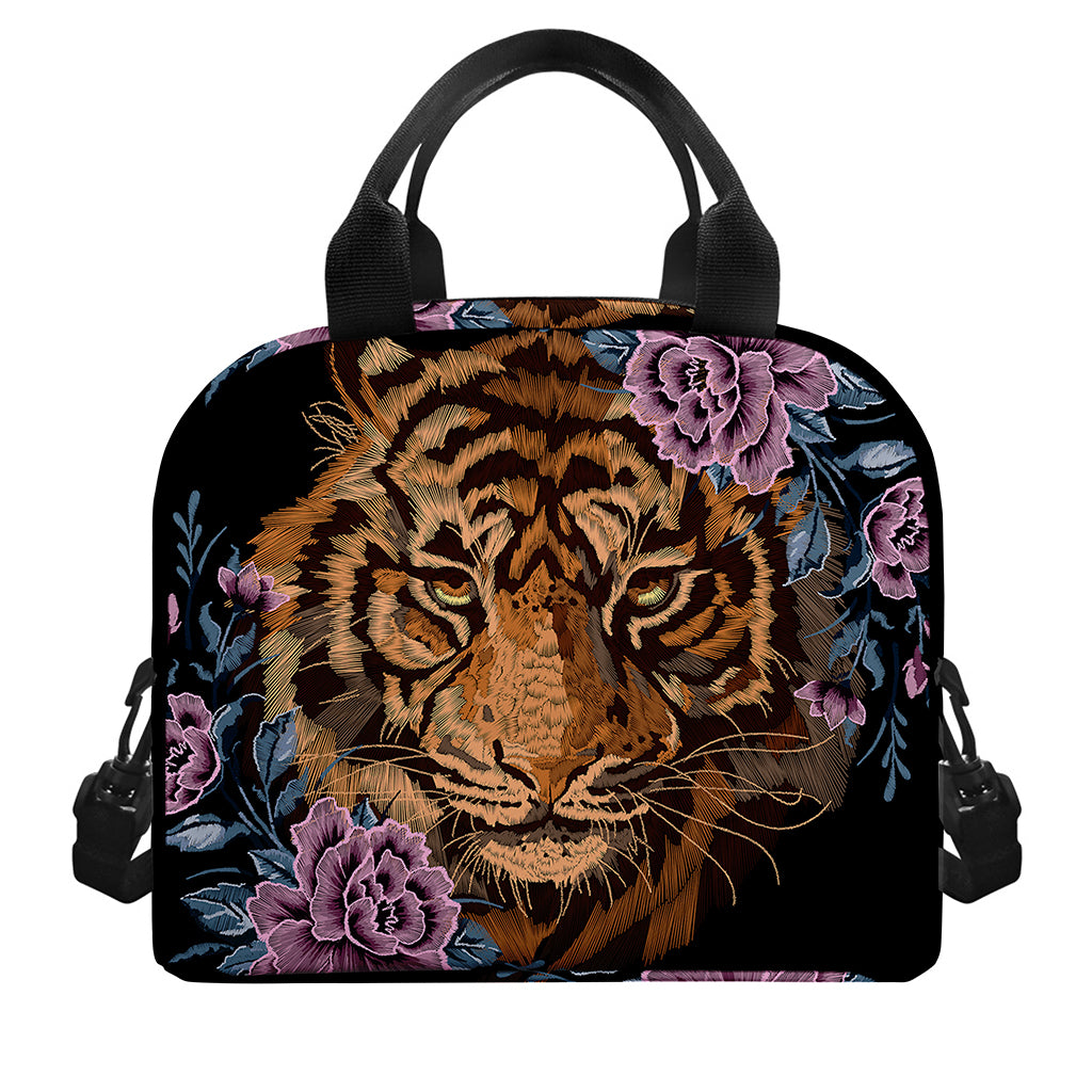 Embroidery Tiger And Flower Print Insulated Lunch Bag