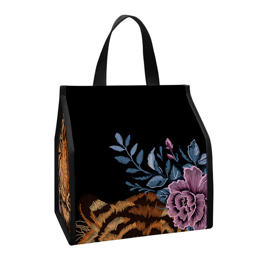 Embroidery Tiger And Flower Print Insulated Lunch Tote