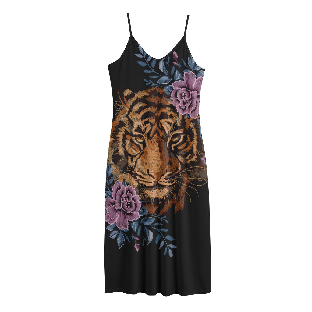 Embroidery Tiger And Flower Print Jersey Midi Cami Dress