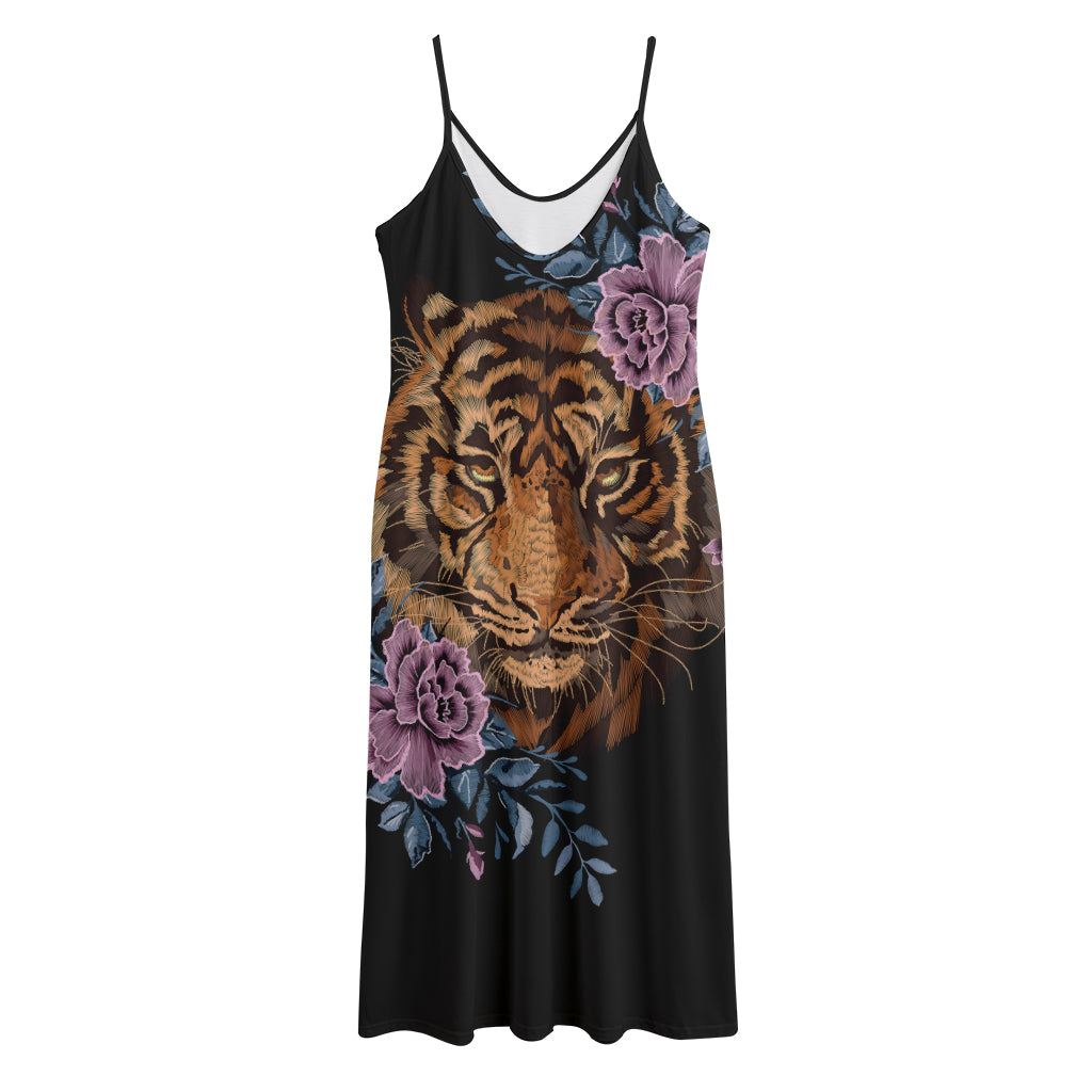 Embroidery Tiger And Flower Print Jersey Midi Cami Dress