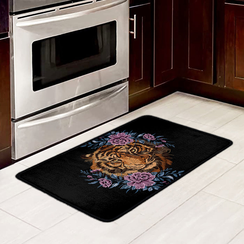 Embroidery Tiger And Flower Print Kitchen Mat