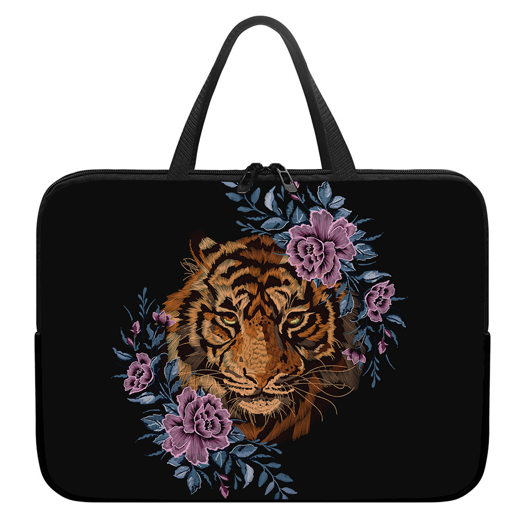 Embroidery Tiger And Flower Print Laptop Sleeve With Handle