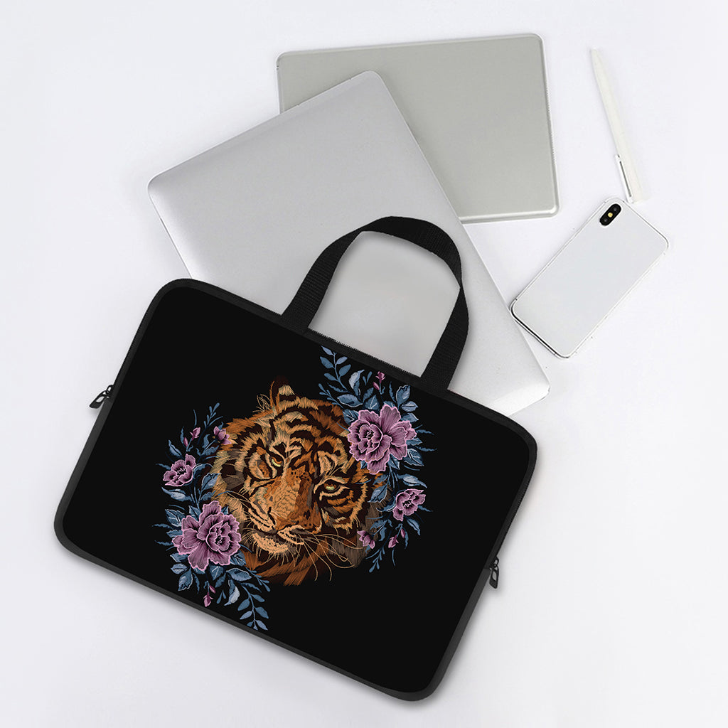 Embroidery Tiger And Flower Print Laptop Sleeve With Handle