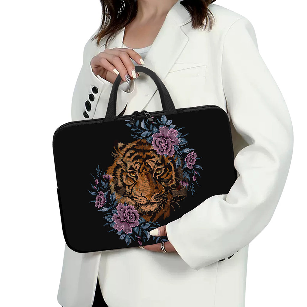 Embroidery Tiger And Flower Print Laptop Sleeve With Handle