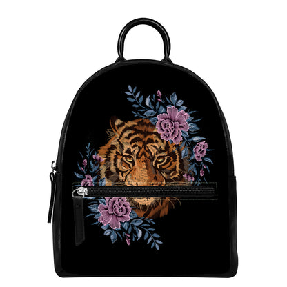 Embroidery Tiger And Flower Print Leather Backpack