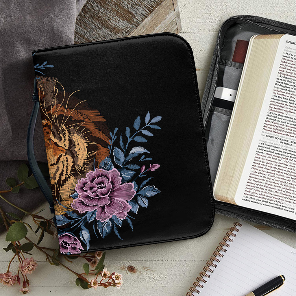 Embroidery Tiger And Flower Print Leather Bible Cover