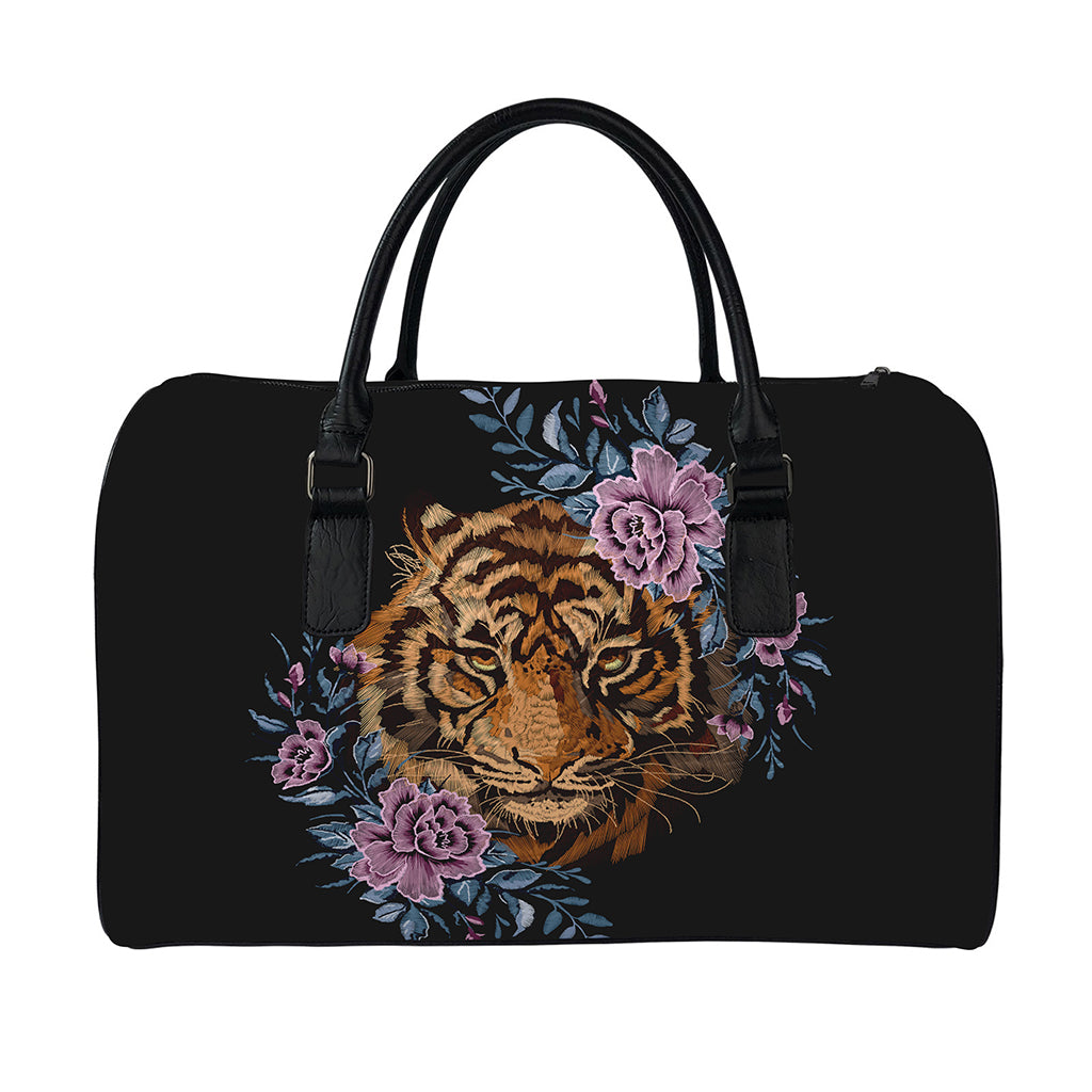 Embroidery Tiger And Flower Print Leather Duffle Bag