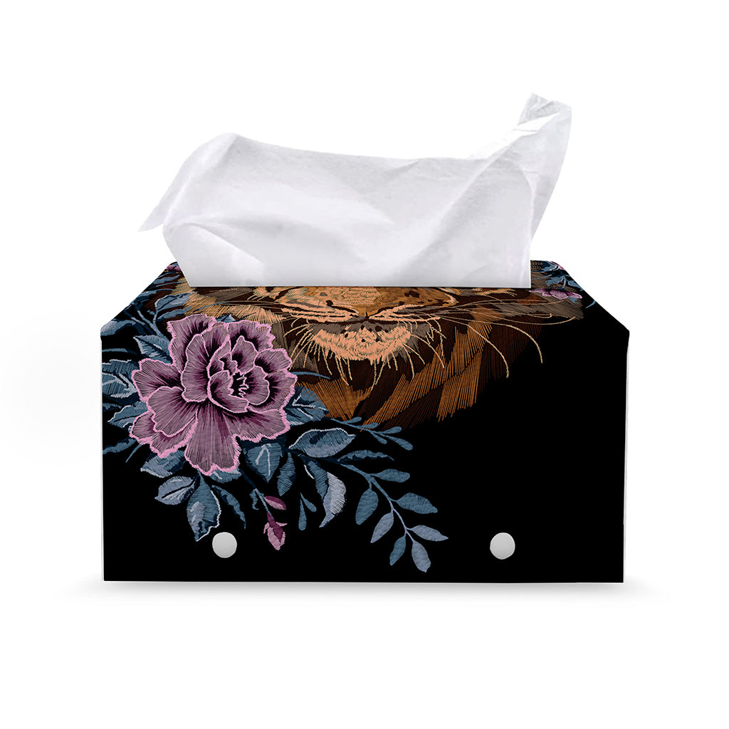 Embroidery Tiger And Flower Print Leather Tissue Box Cover