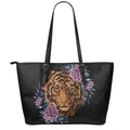 Embroidery Tiger And Flower Print Leather Tote Bag With Zipper