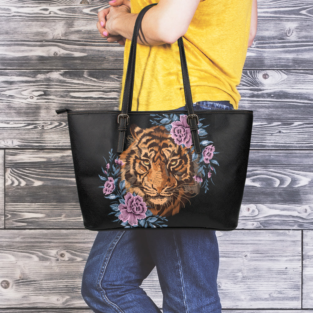 Embroidery Tiger And Flower Print Leather Tote Bag