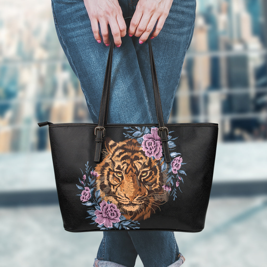 Embroidery Tiger And Flower Print Leather Tote Bag