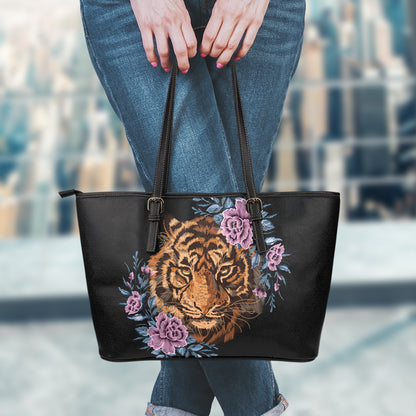 Embroidery Tiger And Flower Print Leather Tote Bag