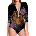 Embroidery Tiger And Flower Print Long Sleeve Swimsuit