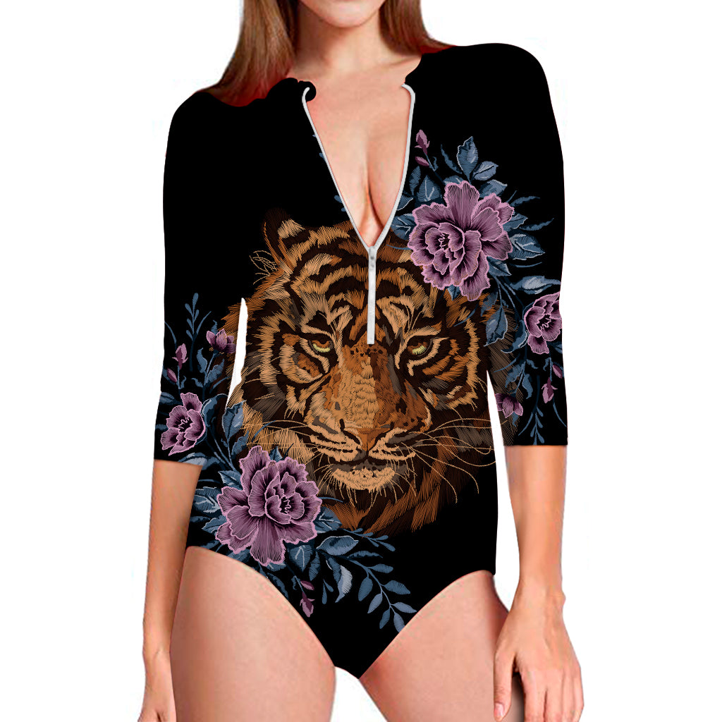 Embroidery Tiger And Flower Print Long Sleeve Swimsuit