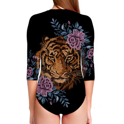 Embroidery Tiger And Flower Print Long Sleeve Swimsuit