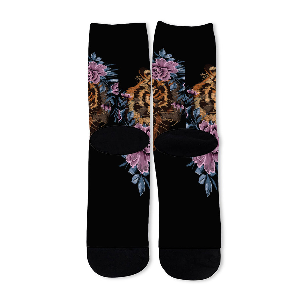 Embroidery Tiger And Flower Print Long Socks