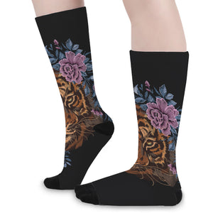 Embroidery Tiger And Flower Print Long Socks