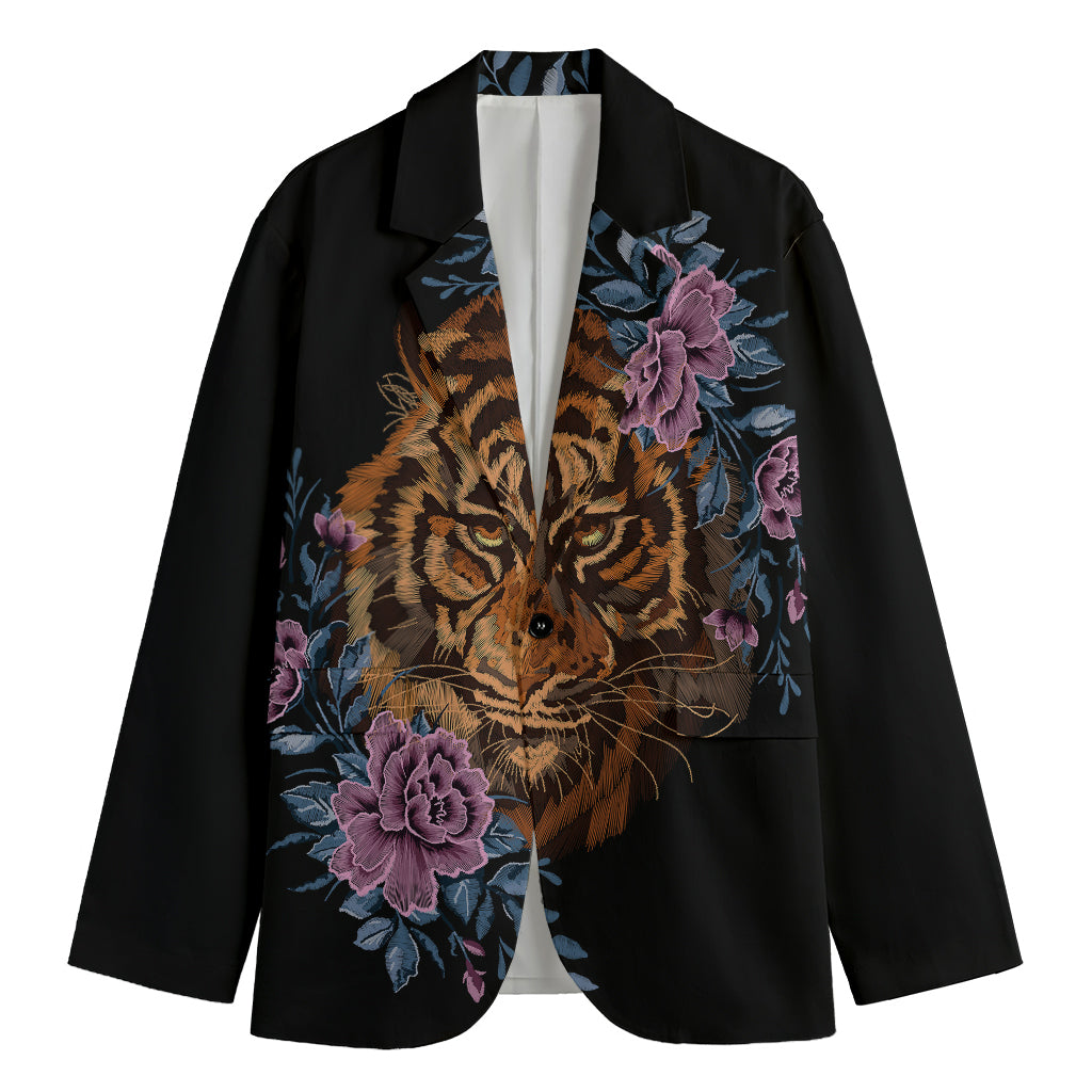 Embroidery Tiger And Flower Print Men's Blazer