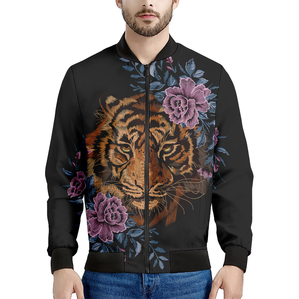 Embroidery Tiger And Flower Print Men's Bomber Jacket