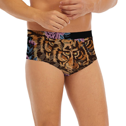 Embroidery Tiger And Flower Print Men's Briefs
