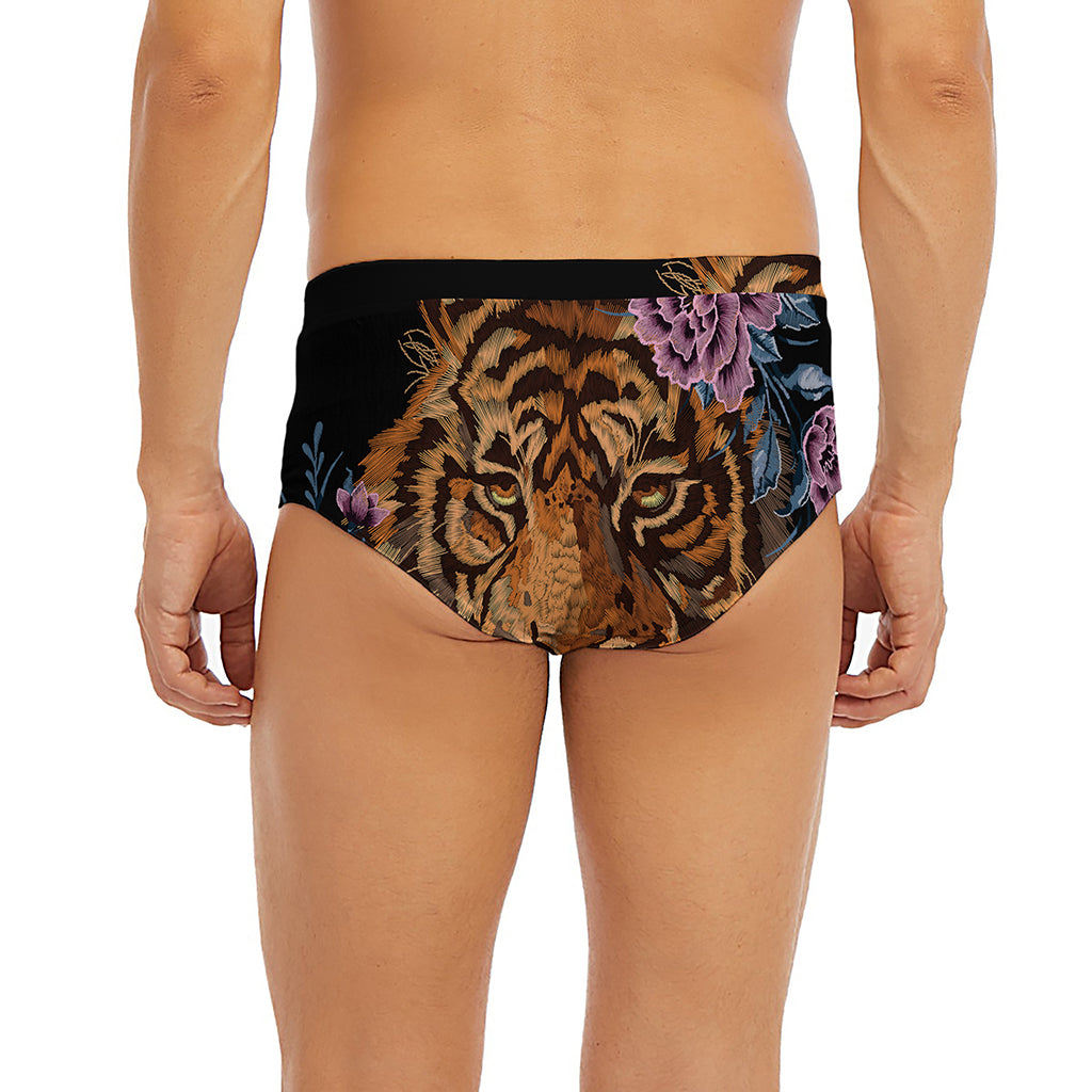 Embroidery Tiger And Flower Print Men's Briefs