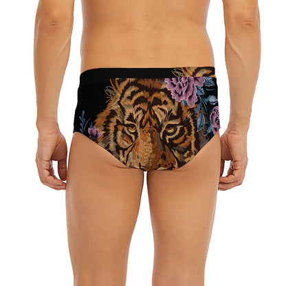 Embroidery Tiger And Flower Print Men's Briefs