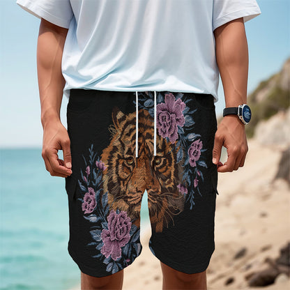 Embroidery Tiger And Flower Print Men's Cargo Shorts