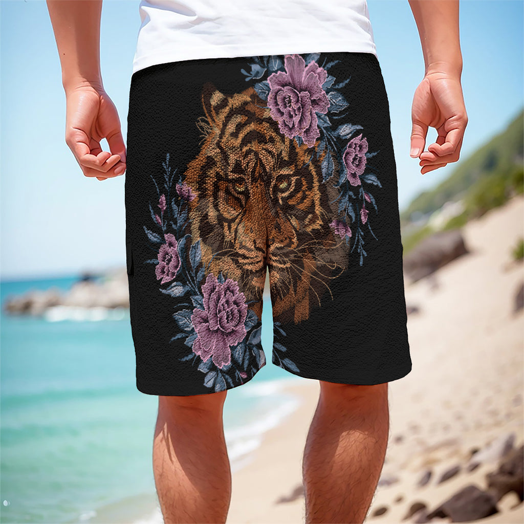 Embroidery Tiger And Flower Print Men's Cargo Shorts