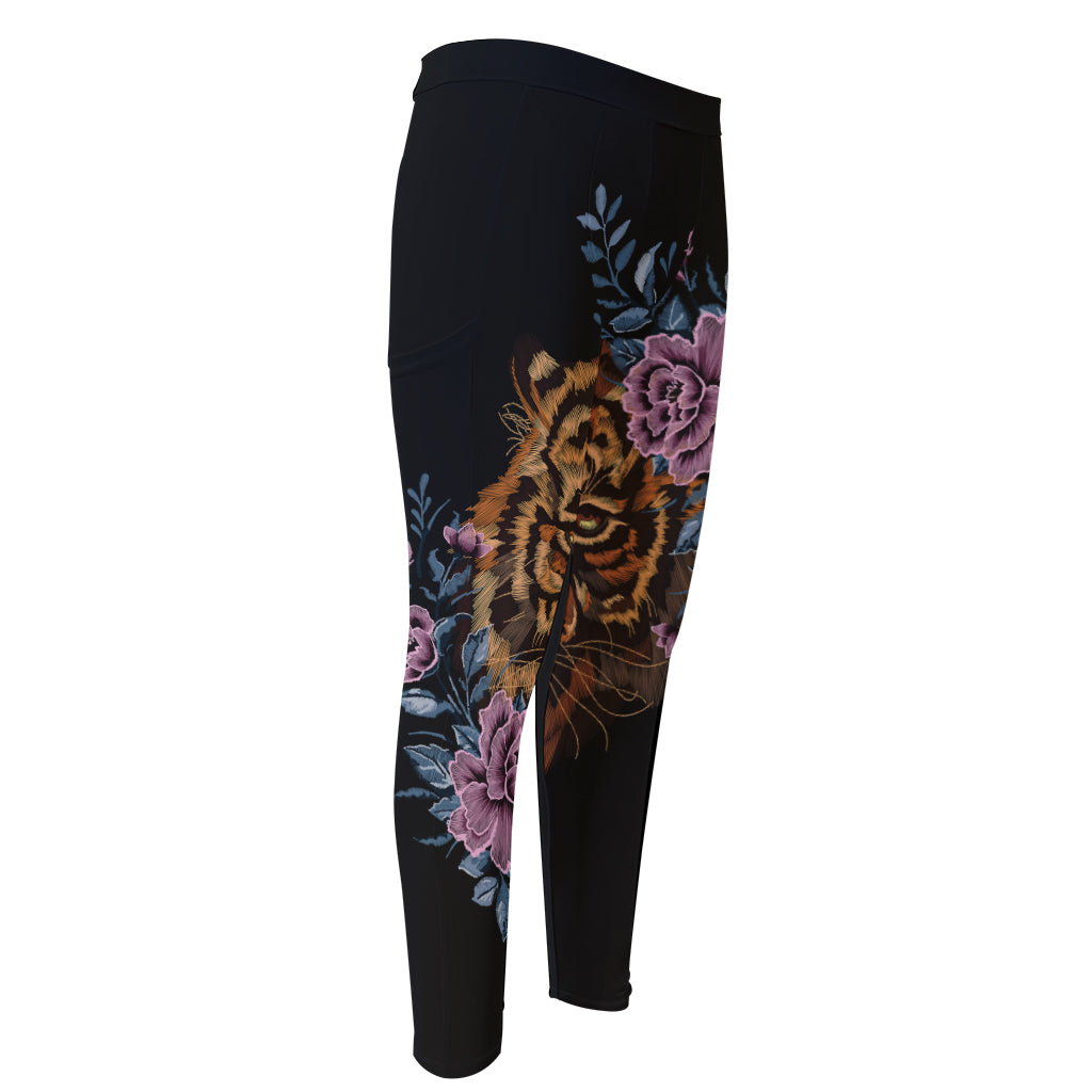 Embroidery Tiger And Flower Print Men's Compression Pants
