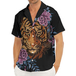 Embroidery Tiger And Flower Print Men's Deep V-Neck Shirt