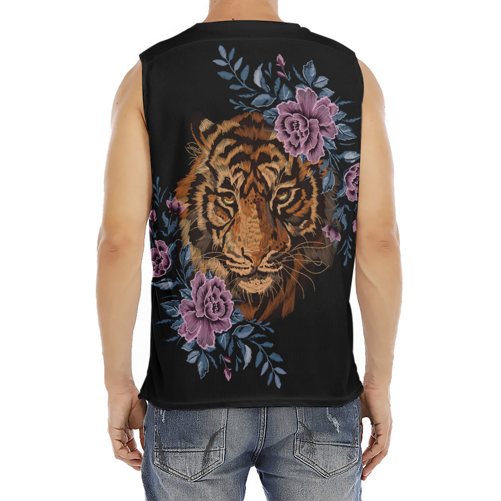 Embroidery Tiger And Flower Print Men's Fitness Tank Top