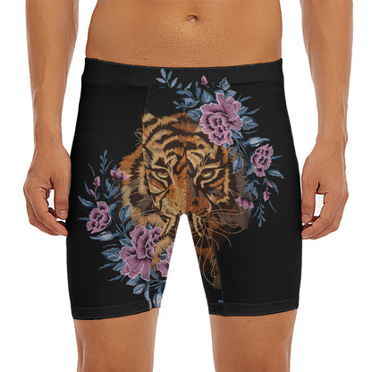 Embroidery Tiger And Flower Print Men's Long Boxer Briefs