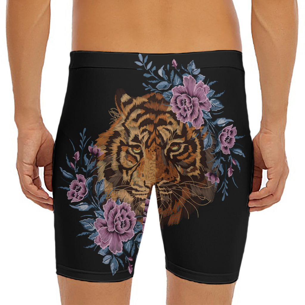 Embroidery Tiger And Flower Print Men's Long Boxer Briefs