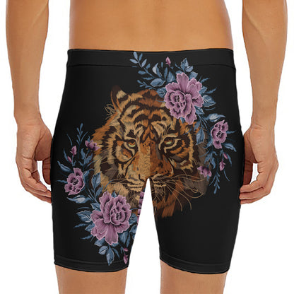 Embroidery Tiger And Flower Print Men's Long Boxer Briefs
