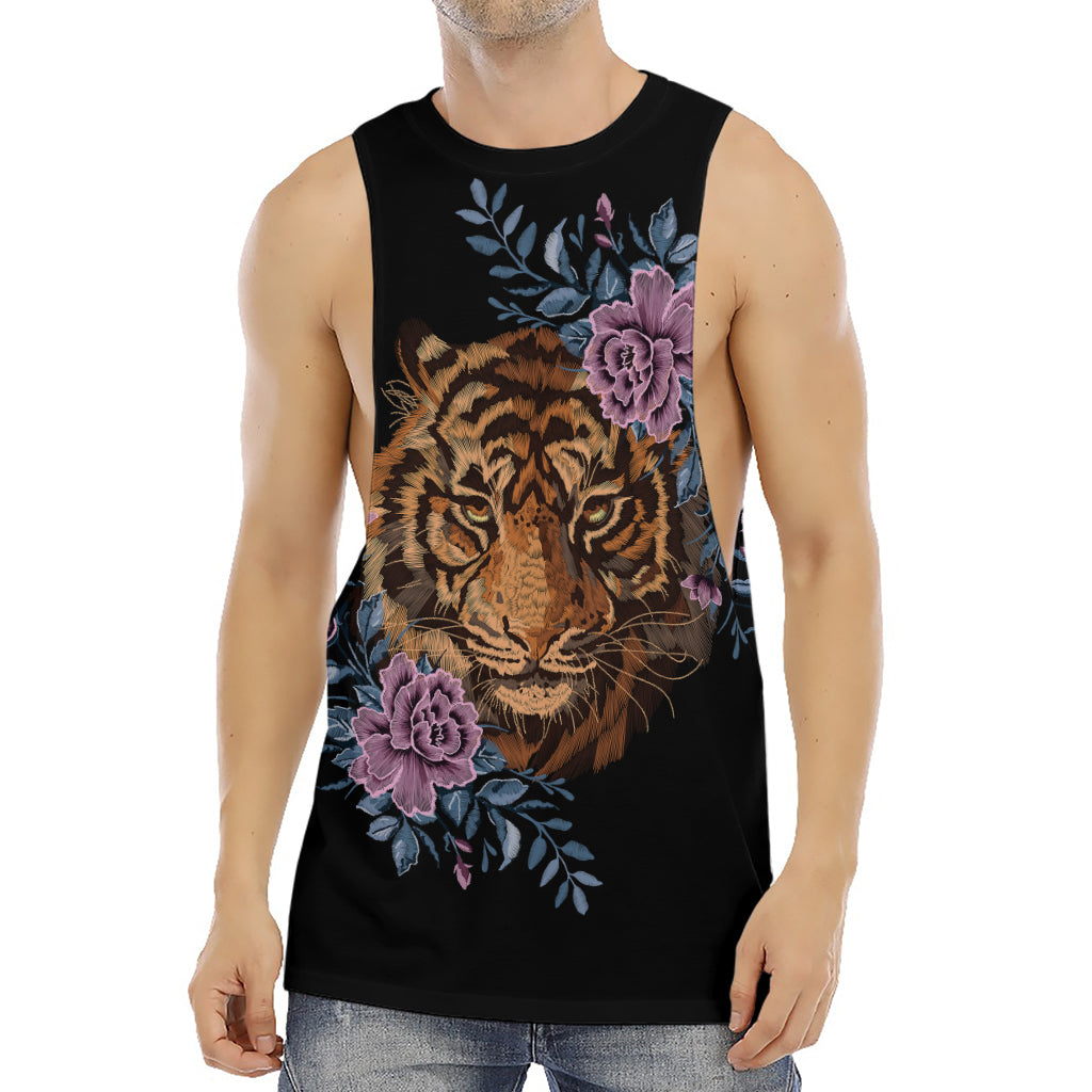 Embroidery Tiger And Flower Print Men's Muscle Tank Top