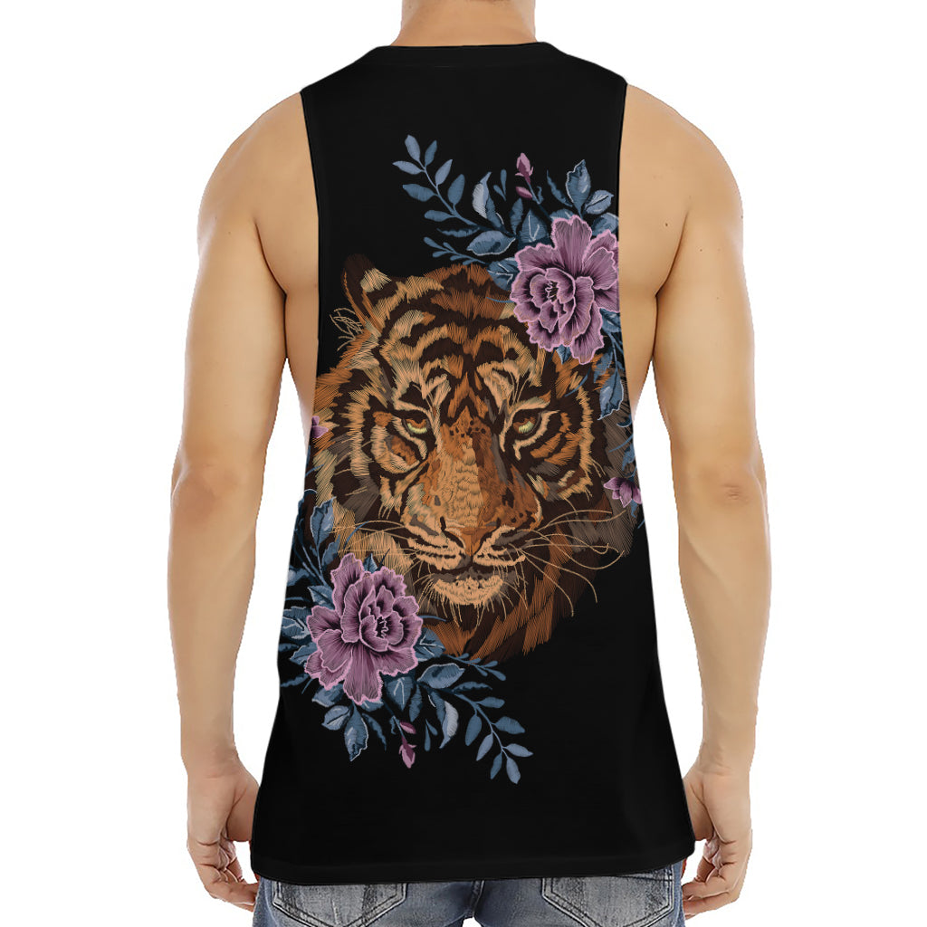 Embroidery Tiger And Flower Print Men's Muscle Tank Top
