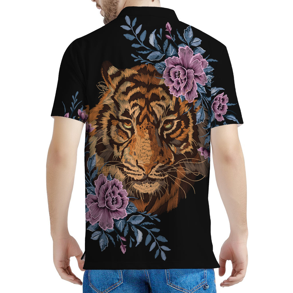 Embroidery Tiger And Flower Print Men's Polo Shirt