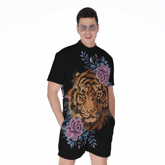 Embroidery Tiger And Flower Print Men's Rompers