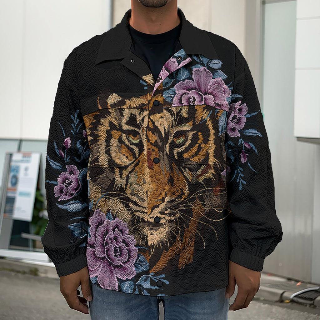 Embroidery Tiger And Flower Print Men's Shirt Jacket