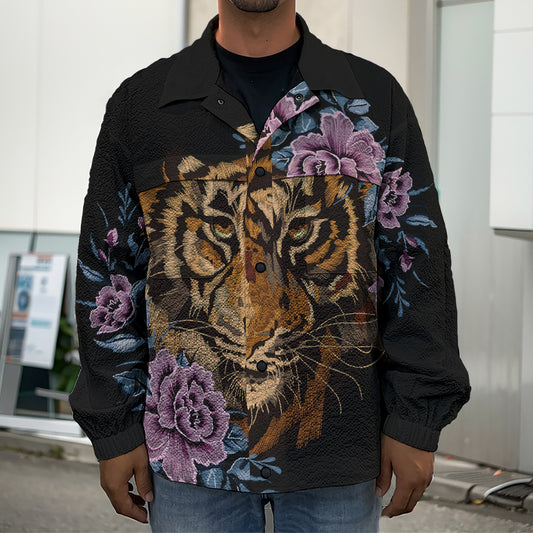 Embroidery Tiger And Flower Print Men's Shirt Jacket