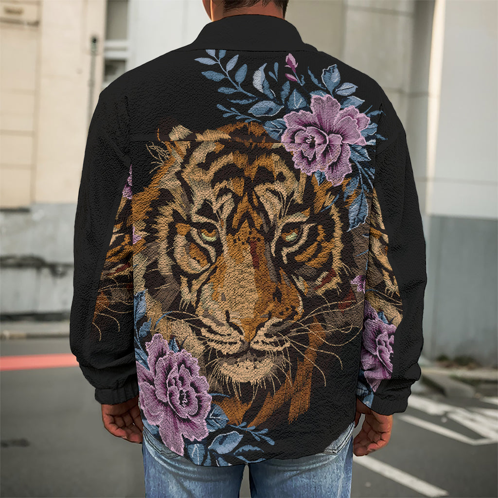 Embroidery Tiger And Flower Print Men's Shirt Jacket