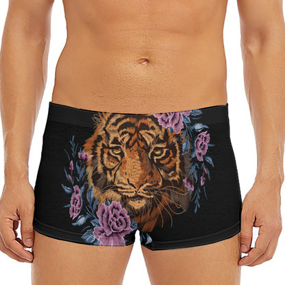 Embroidery Tiger And Flower Print Men's Short Boxer Briefs