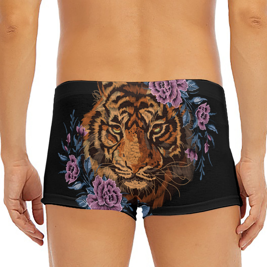 Embroidery Tiger And Flower Print Men's Short Boxer Briefs