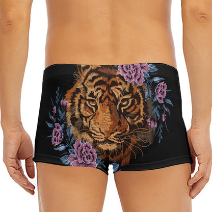 Embroidery Tiger And Flower Print Men's Short Boxer Briefs
