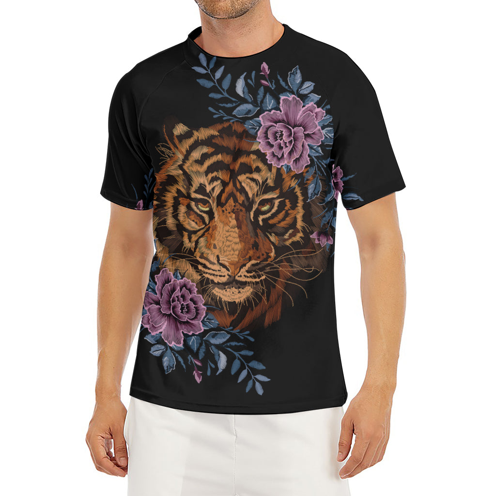 Embroidery Tiger And Flower Print Men's Short Sleeve Rash Guard