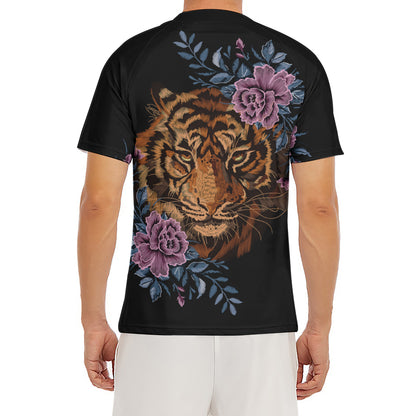 Embroidery Tiger And Flower Print Men's Short Sleeve Rash Guard