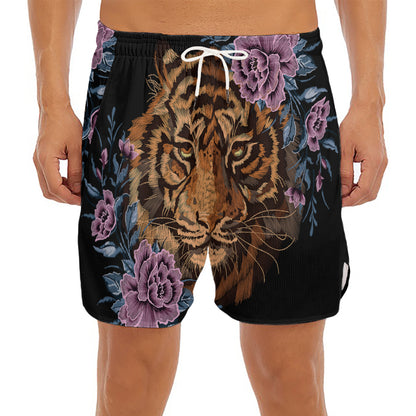 Embroidery Tiger And Flower Print Men's Split Running Shorts