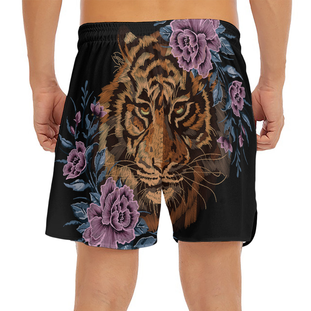 Embroidery Tiger And Flower Print Men's Split Running Shorts