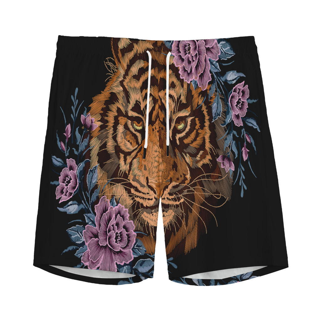 Embroidery Tiger And Flower Print Men's Sports Shorts