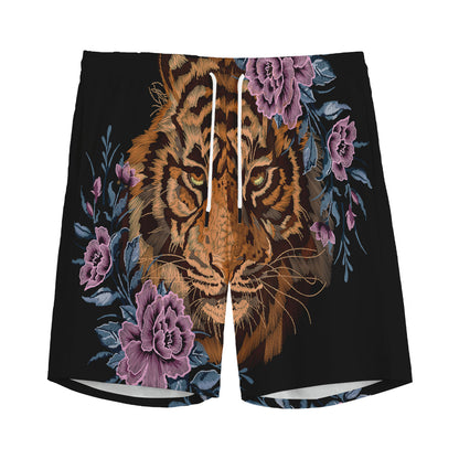 Embroidery Tiger And Flower Print Men's Sports Shorts